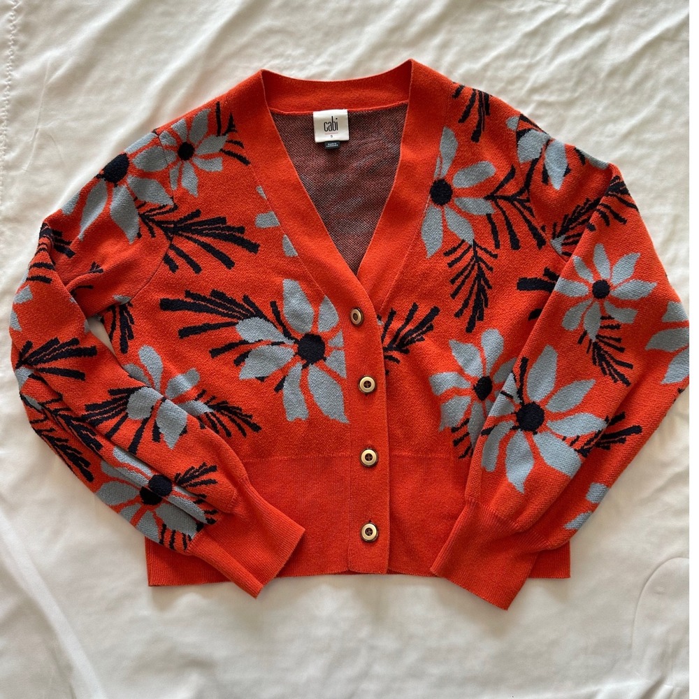 Cabi Women Orange Floral Intarsia V-Neck Button Front Cardigan Sweater Small